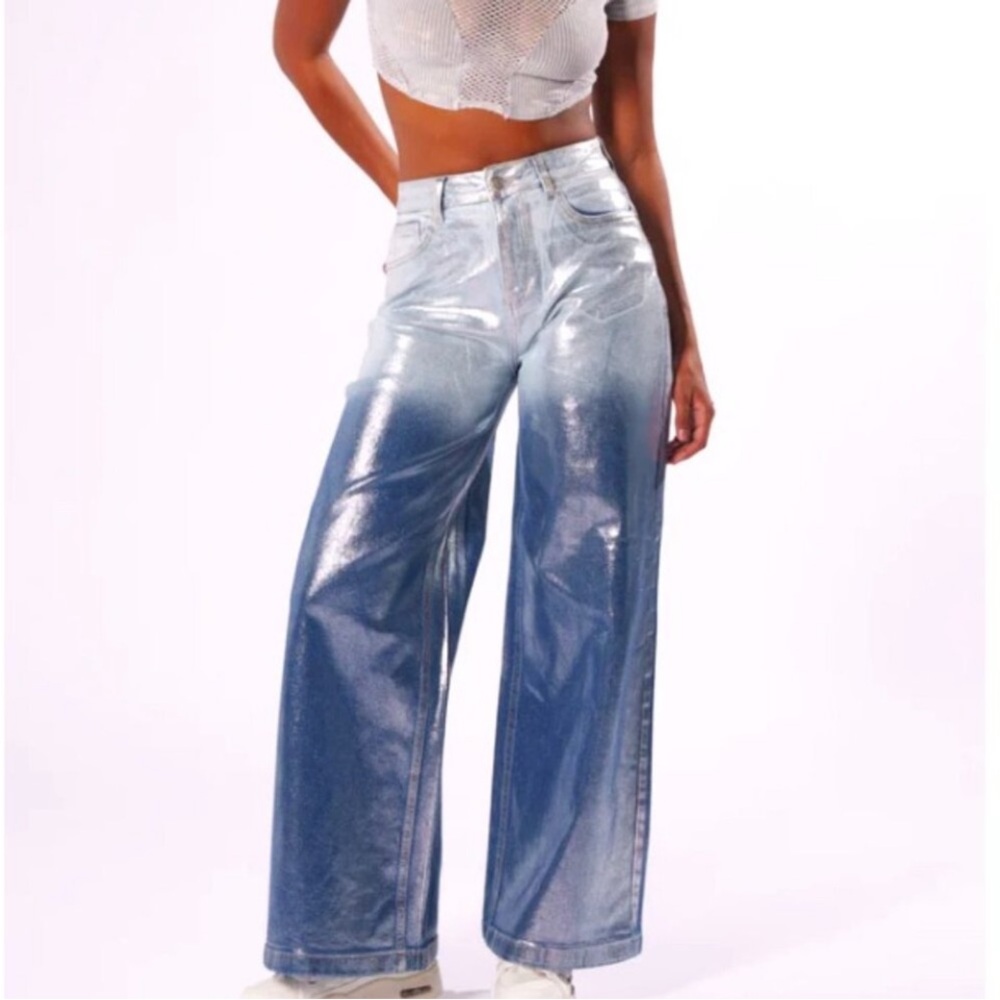 Callie Lives Miz Cirrus Clouds Akira Blue Ombre Metallic Wide Leg Jeans 9 13